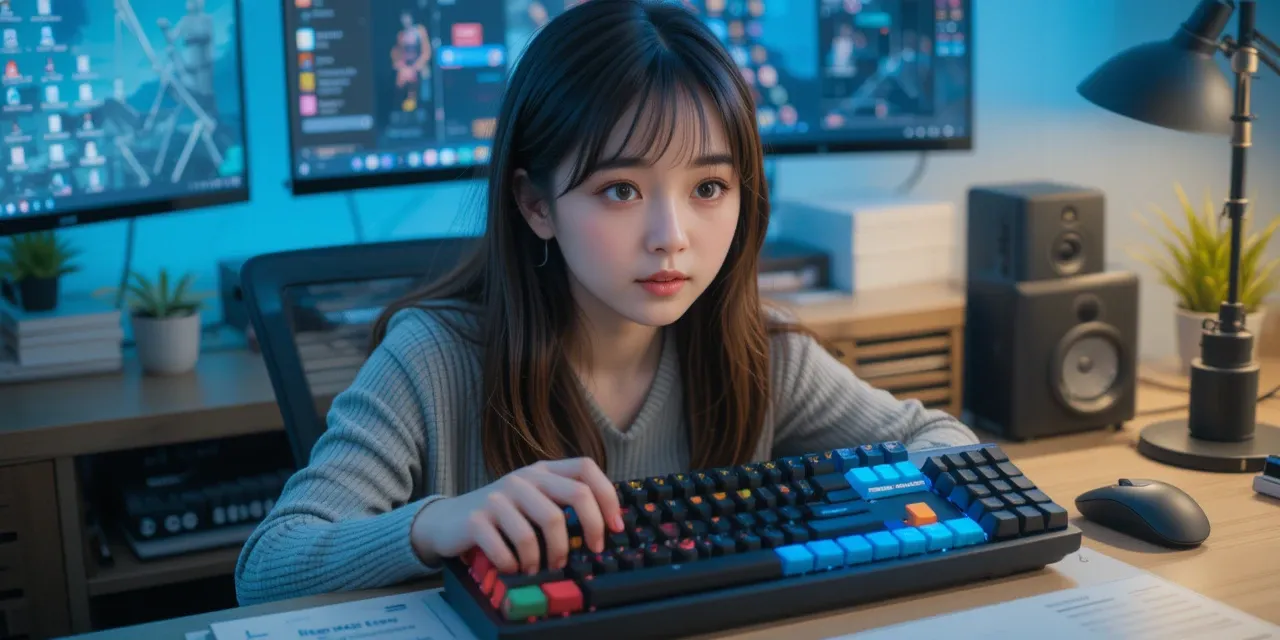 기계식 키보드의 디자인과 키캡을 감탄하며 살펴보는 모습