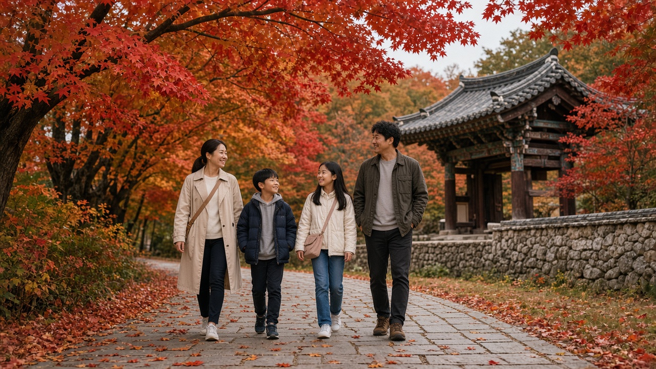 단풍나무 아래 사찰 진입로를 걷는 한국인 가족