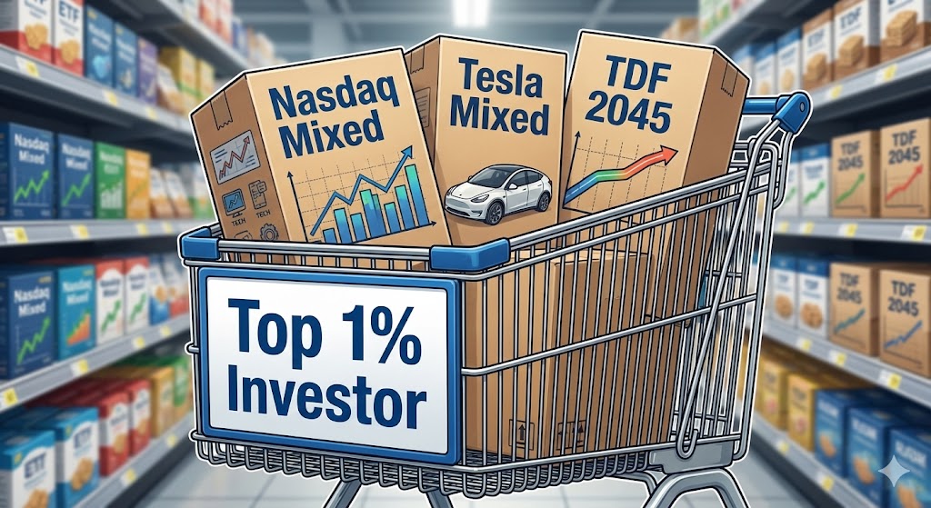 연금 고수의 장바구니에 '나스닥 혼합', '테슬라 혼합' ETF가 가득 담겨있는 일러스트