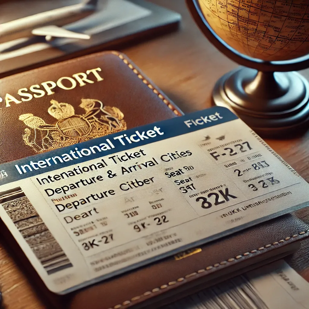 테이블 위에 놓인 국제선 항공권의 극사실적 이미지, 항공사 로고, 출발지와 도착지 정보, 좌석 번호와 탑승 시간이 포함된 모습, 여권과 작은 지구본 배경