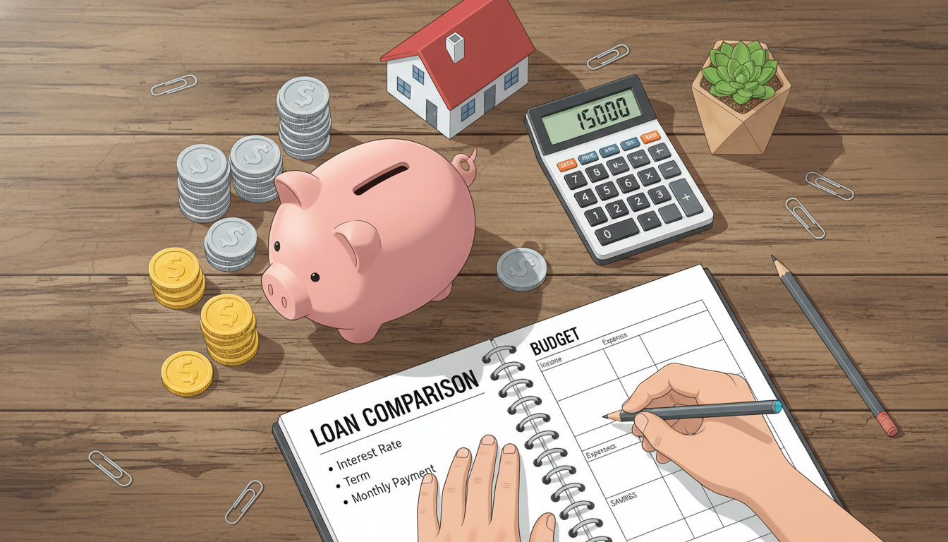 대출 금리 비교와 내 집 마련 자금 계획을 세우는 책상 위 소품들 일러스트