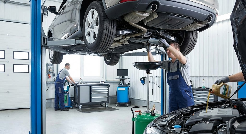 전문 장비를 이용해 엔진오일을 석션하거나 배출하는 정비소 이미지
