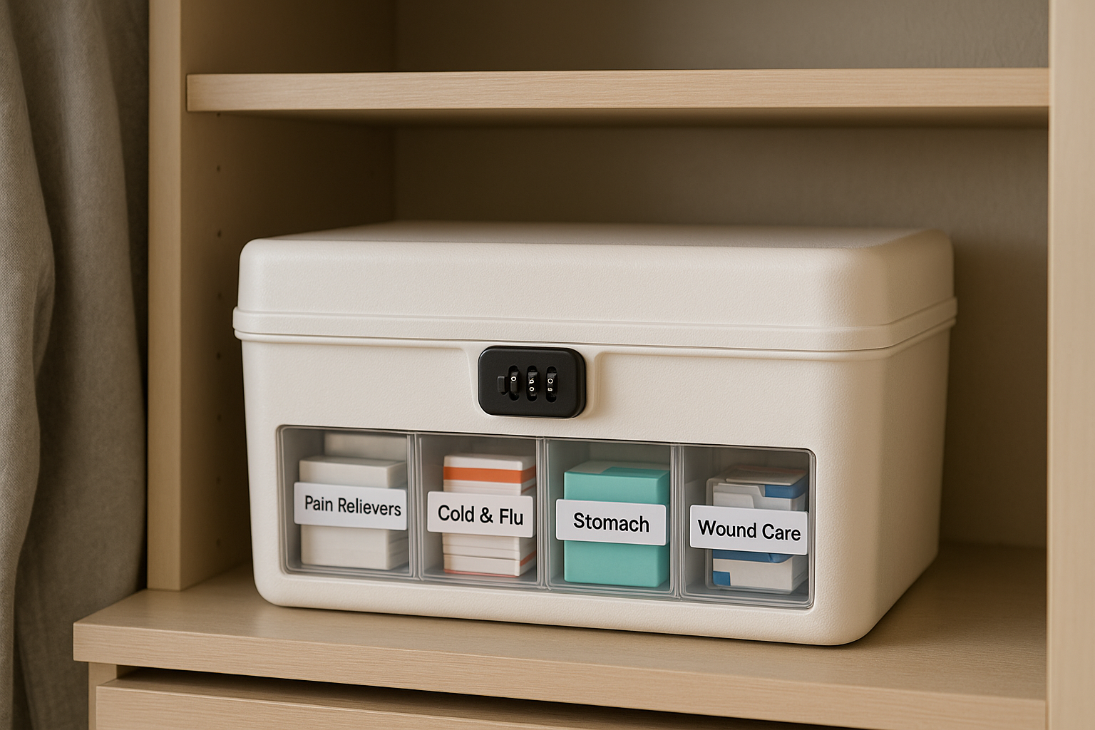잠금장치가 있는 상비약 수납함을 옷장 선반에 보관한 모습(라벨링된 칸칸이 정리)