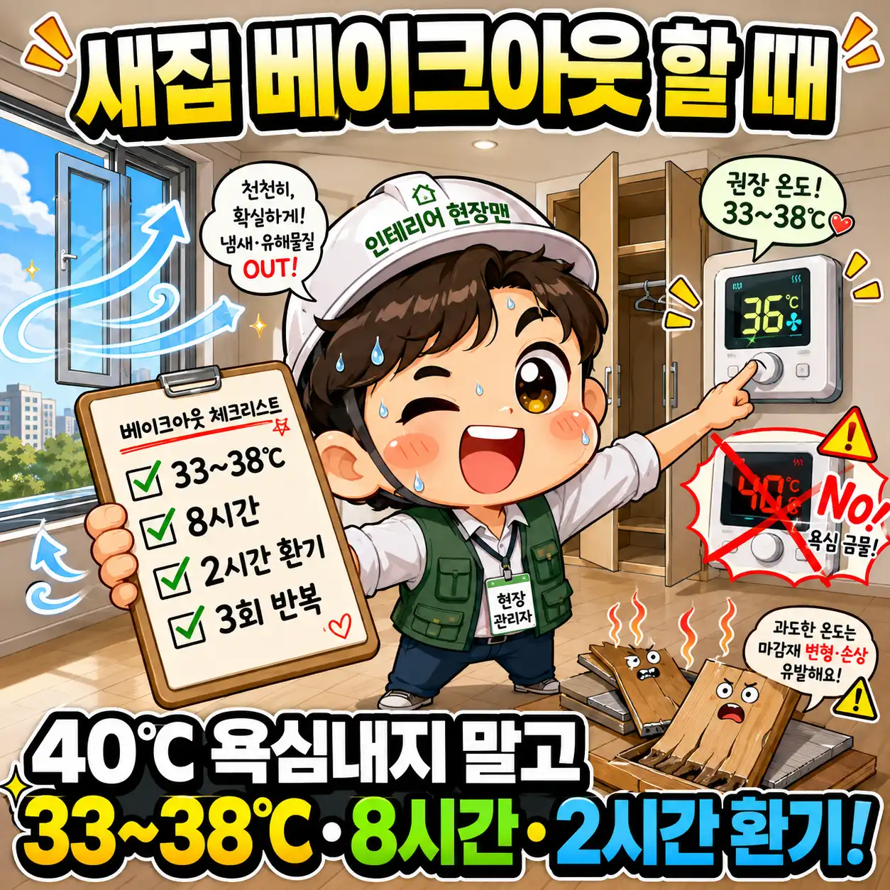 새집 베이크아웃 시 실내 온도 33~38도를 8시간 유지하고 2시간 환기하는 방법과 3회 반복 체크리스트를 설명하는 이미지