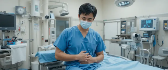 위내시경 금식시간 전에 복통을 느끼는 남성 모습