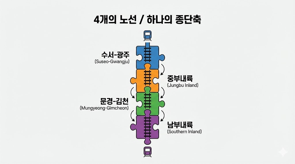 4개의 철도 노선이 연결되어 서울-거제 종단축을 완성하는 퍼즐 형태의 인포그래픽
