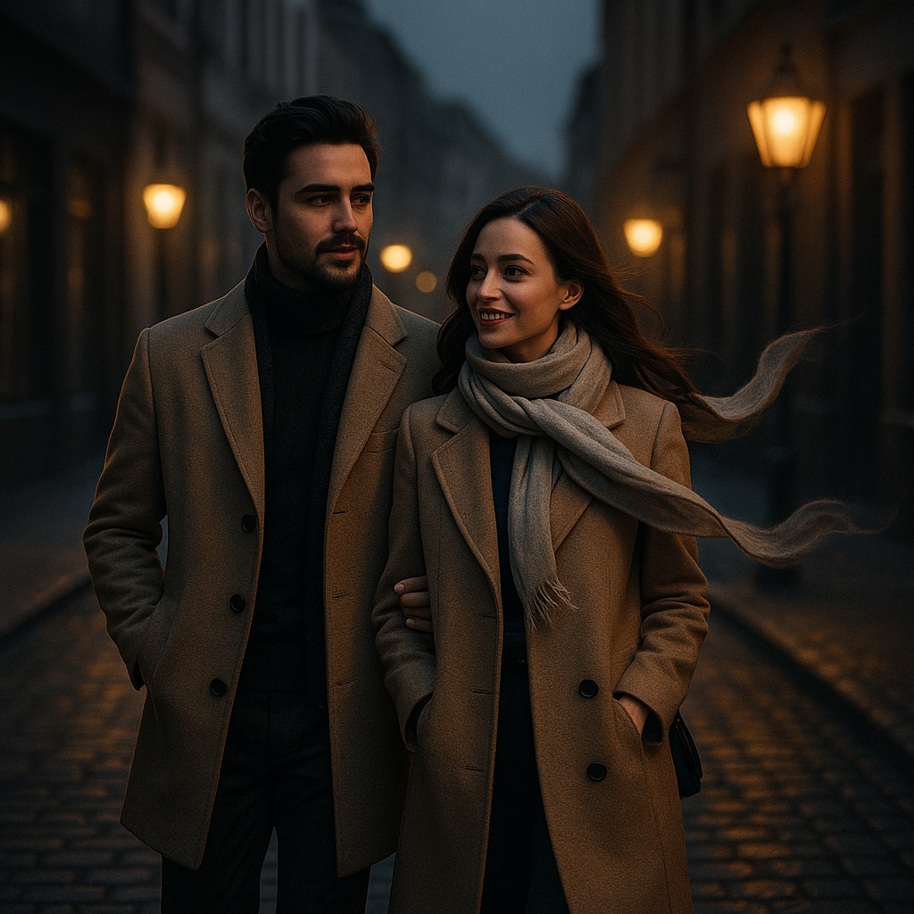 빈티지 가로등이 켜진 황혼의 돌길에서 카멜 코트를 맞춰 입은 커플이 팔짱을 끼고 걸으며, 스카프가 차가운 바람에 흩날린다