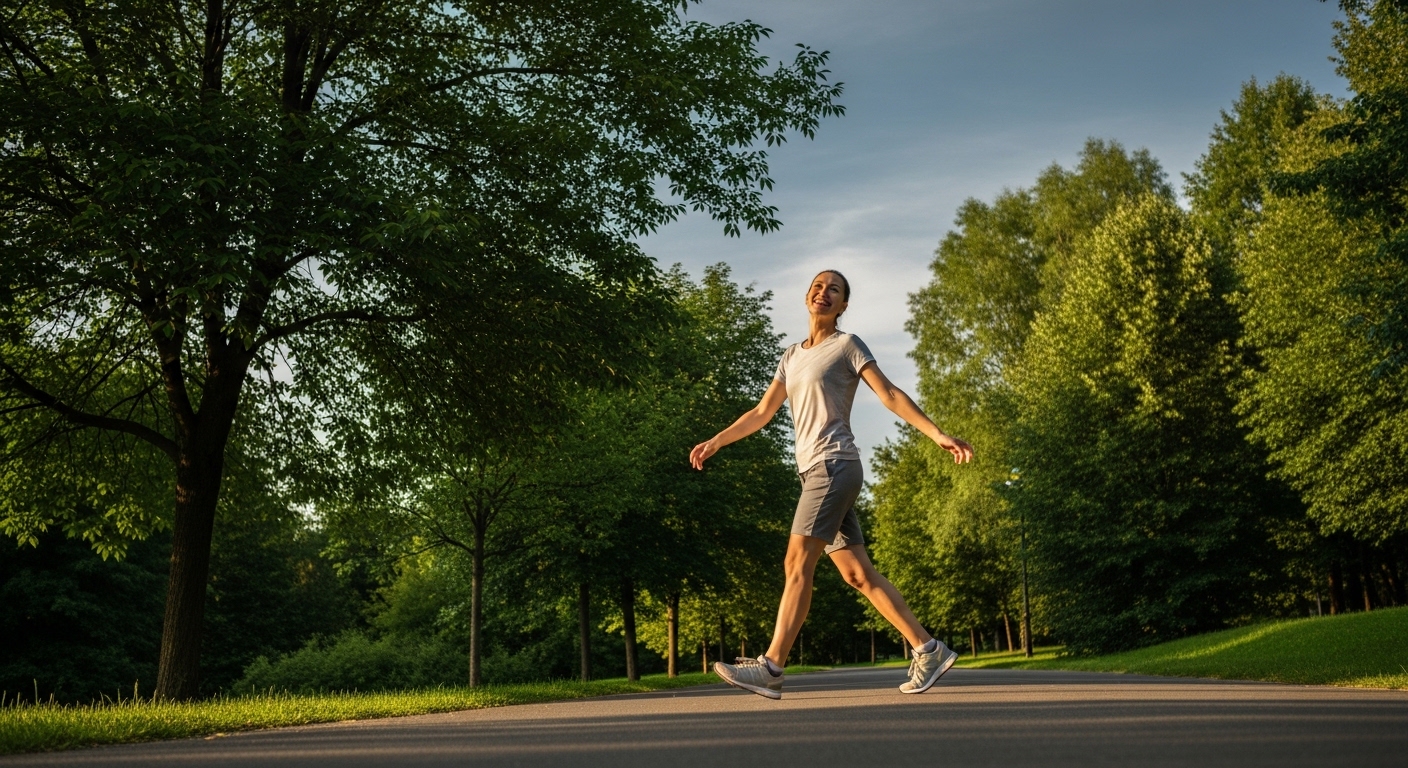 초록색 공원에서 편안한 복장으로 활기차게 걷고 있는 사람의 모습. 규칙적인 유산소 운동의 중요성을 상징합니다.
