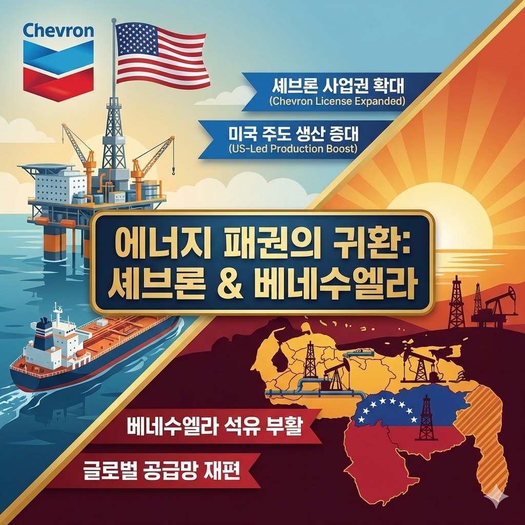 셰브론의 베네수엘라 석유 사업 라이선스 확대와 남미 원유 생산 재개를 요약한 1:1 비율의 정보성 블로그 썸네일 이미지