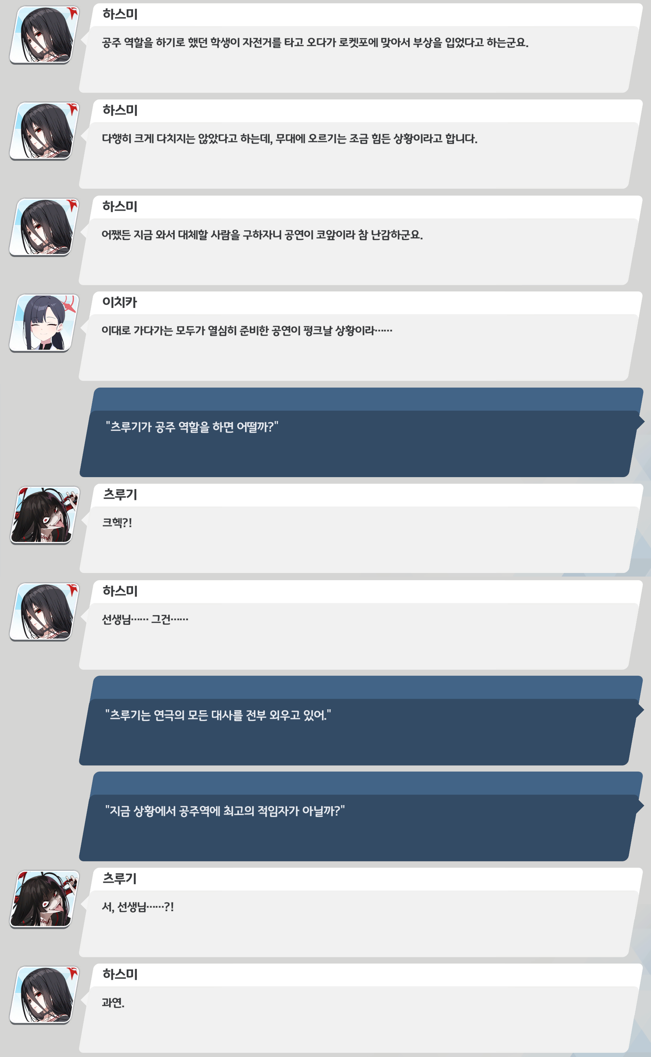 하스미와 이치카가 공연 대체 인원을 걱정하자, 선생님이 츠루기를 공주 역할 후보로 제안한다.