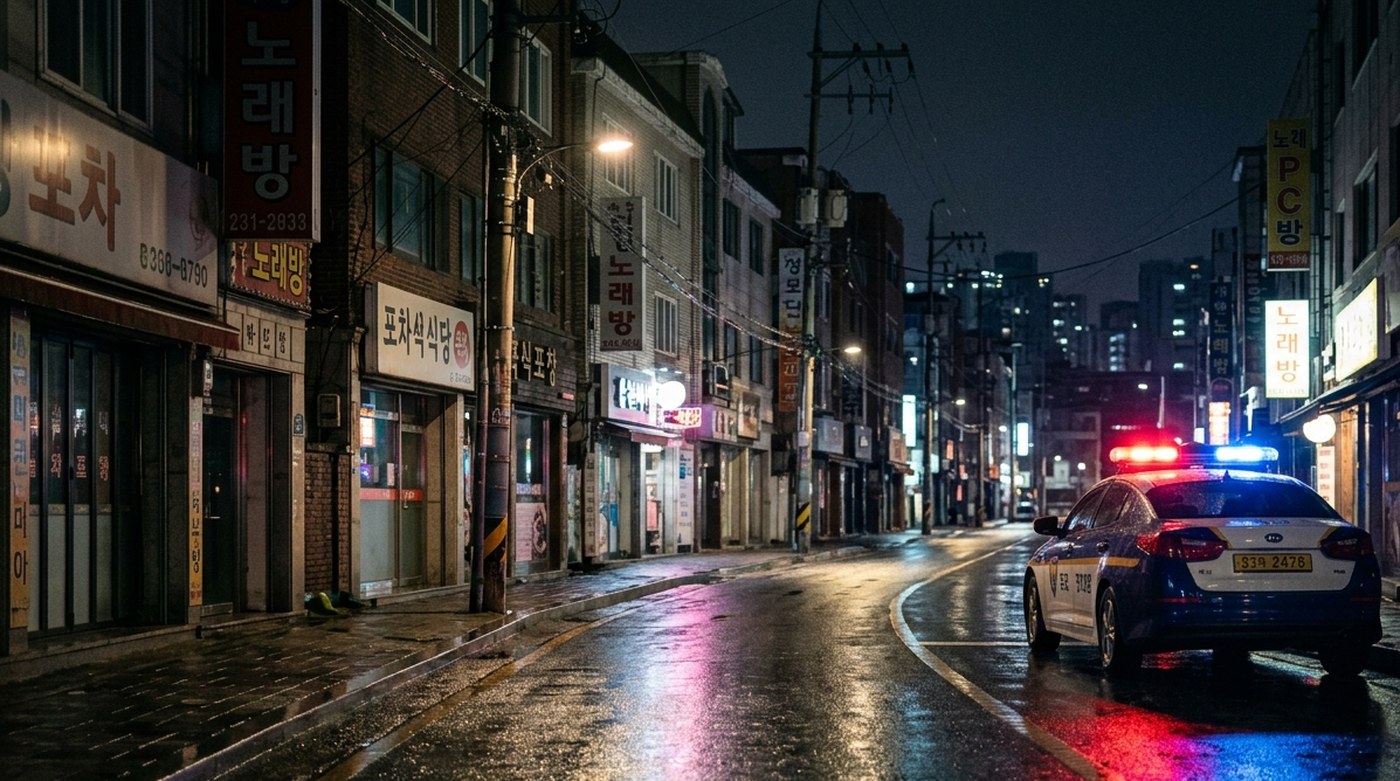 비 온 뒤 새벽 도시 거리에 정차한 순찰차의 경광등