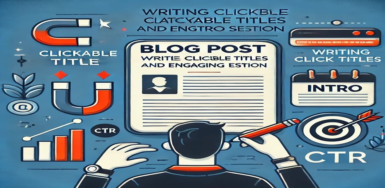 블로그 제목과 도입부를 작성하며 클릭률을 높이는 전략을 설명하는 삽화