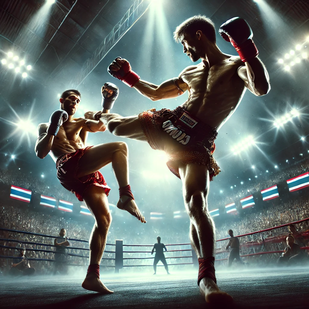 방콕 무에타이 경기장에서 펼쳐지는 박진감 넘치는 경기 장면