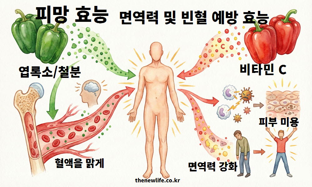 피망 효능이 면역력을 끌어올리고 철분 흡수를 도와 빈혈 예방을 설명하는 이미지