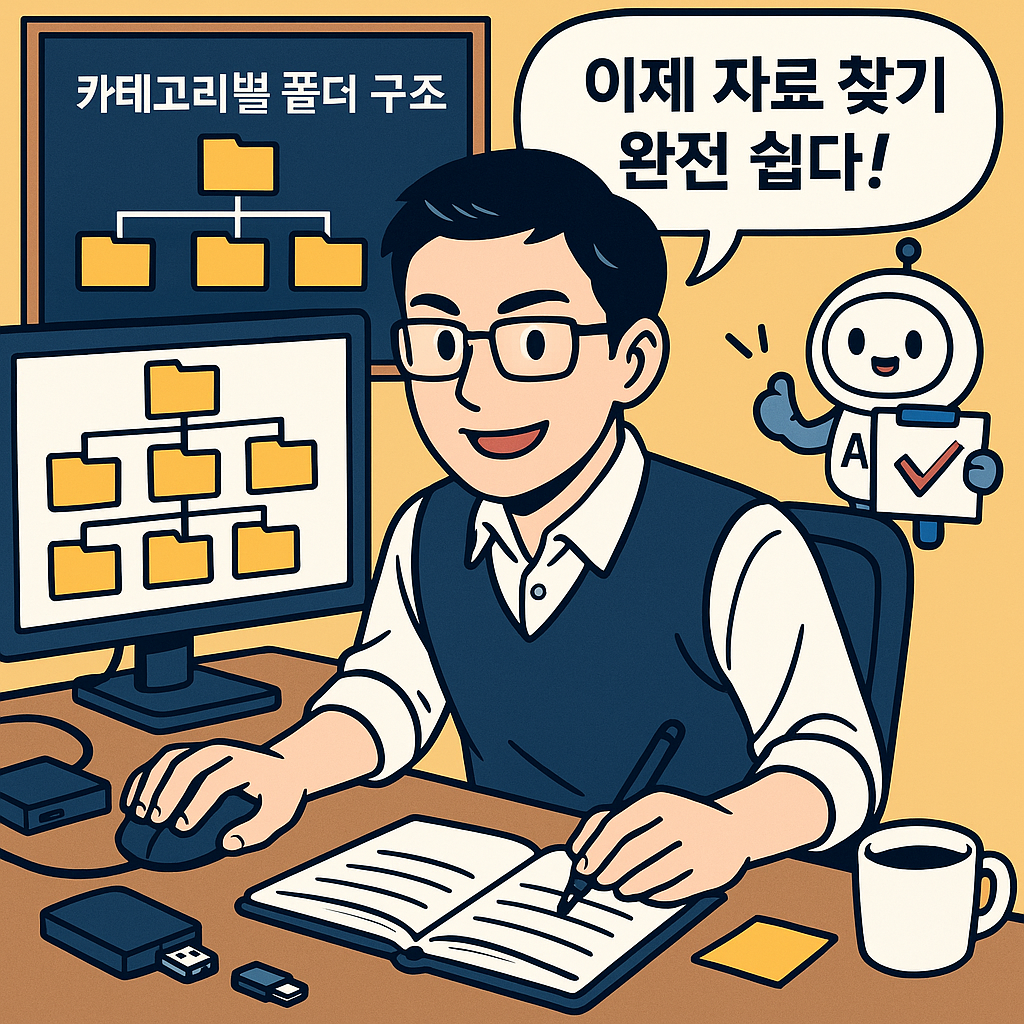 🎨 만화체 그림 콘셉트 (한글, 선명&middot;찐하게)
주인공 캐릭터

모니터 2대 앞에서 폴더 구조 다이어그램을 정리하는 블로거

안경 착용, 진지하면서도 뿌듯한 표정

셔츠와 조끼 조합, 깔끔한 사무 스타일

배경

화면 속에는 폴더 아이콘들이 계층 구조로 선명하게 배치

책상 위에 외장하드, USB, 커피잔, 포스트잇

컬러톤

진한 네이비&middot;밝은 옐로우&middot;하얀색 대비로 선명하고 깔끔

폴더 아이콘은 채도 높은 노란색

포즈/액션

한 손으로 마우스 조작, 다른 손은 노트 필기

머리 위 말풍선에 &ldquo;이제 자료 찾기 완전 쉽다!&rdquo; 문구

세부 요소

옆에 귀여운 AI 마스코트가 체크 표시 보드 들고 있음

벽에는 &lsquo;카테고리별 폴더 구조&rsquo;가 칠판처럼 붙어 있음

스타일 참고

굵은 라인과 선명한 색감의 일본식 비즈니스 웹툰 스타일

정보 전달 요소(폴더, 다이어그램, 아이콘)가 시각적으로 명확하게 보이도록 구성