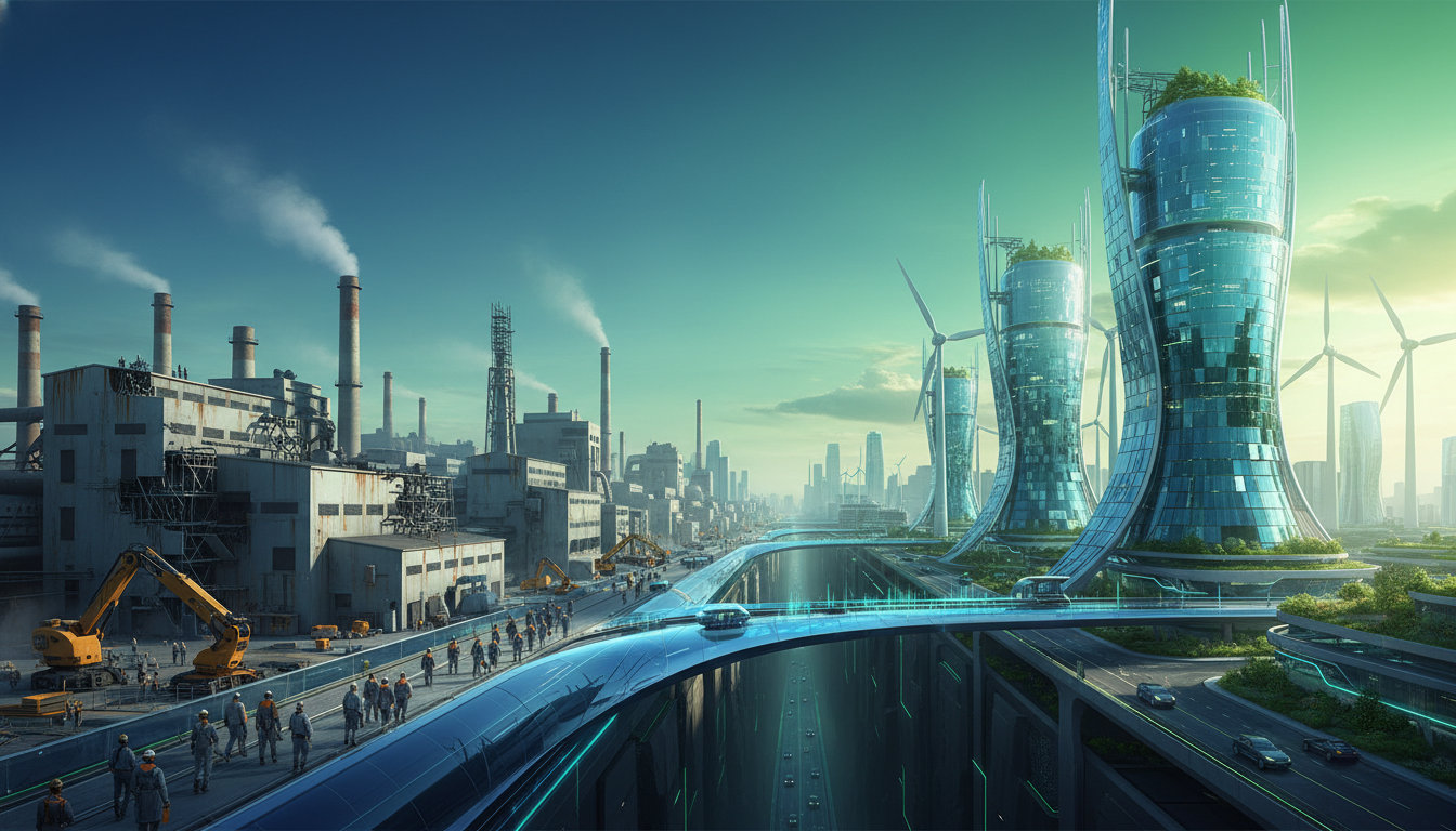 회색 공장이 녹색 친환경 에너지 시설로 변화하며 연결되는 2026년 정의로운 전환의 상징적 이미지