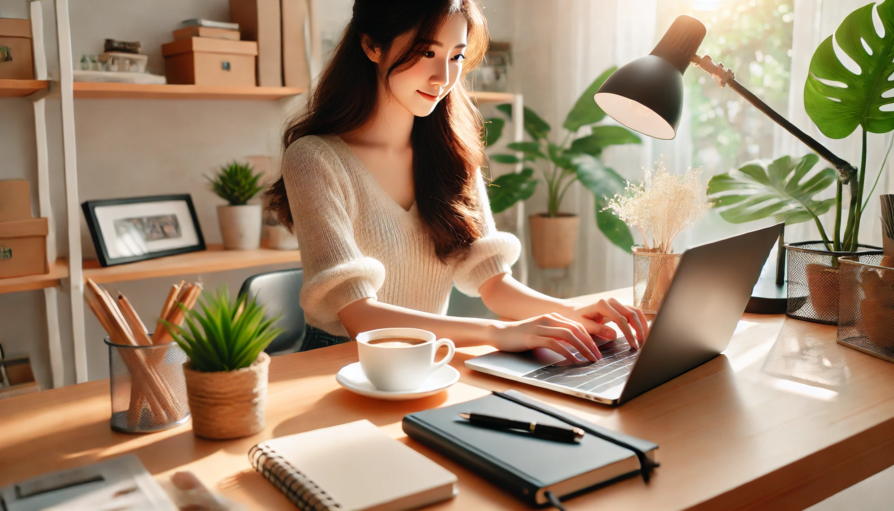 커피 한잔 마시면서 웃으며 노트북으로 글쓰는 모습