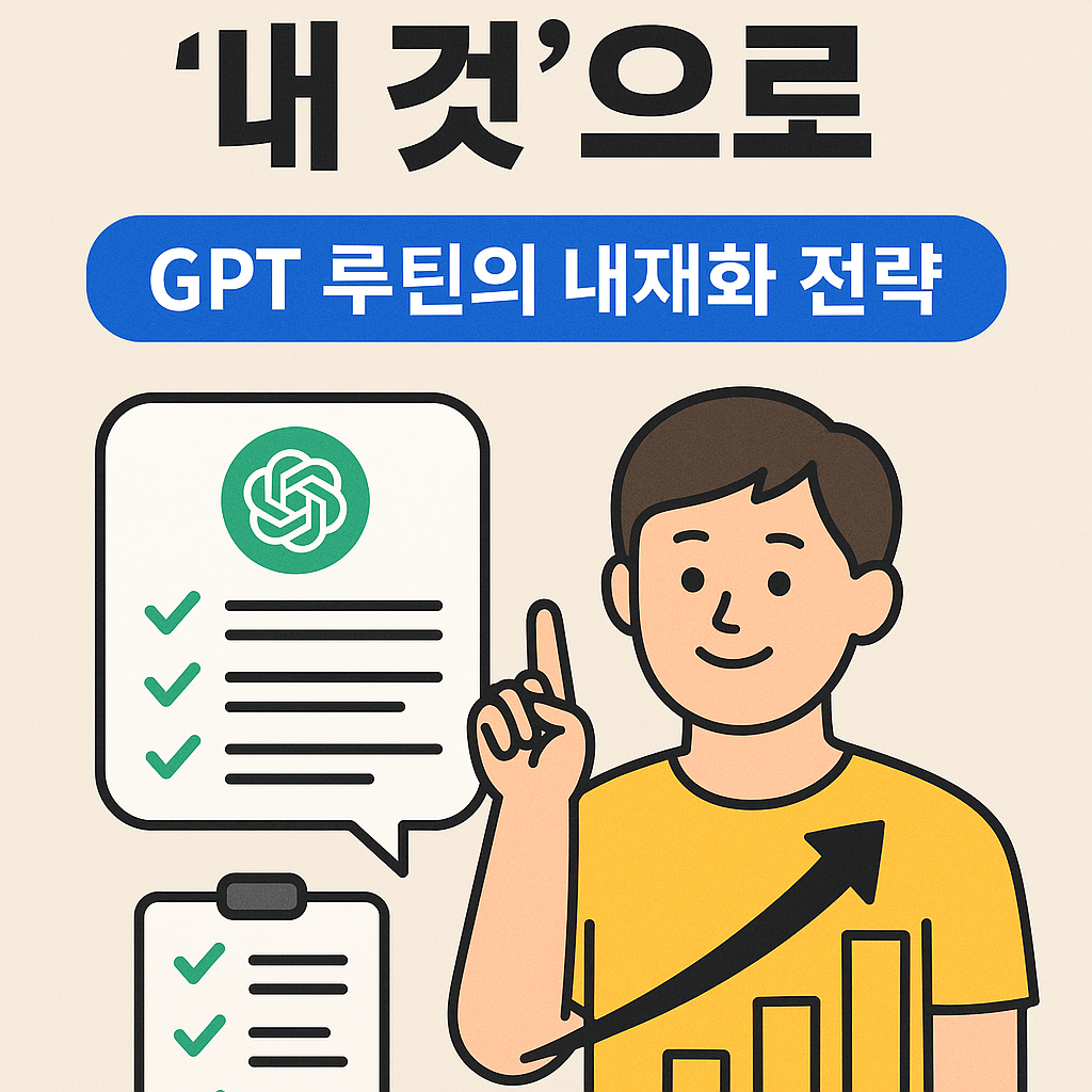 ChatGPT 기반 루틴 코칭 시스템을 개인화하고 일상 속 실행 구조로 내재화하는 전략을 설명하는 평면 일러스트 &ndash; 실행력 루틴의 정착과 성장 시스템을 상징