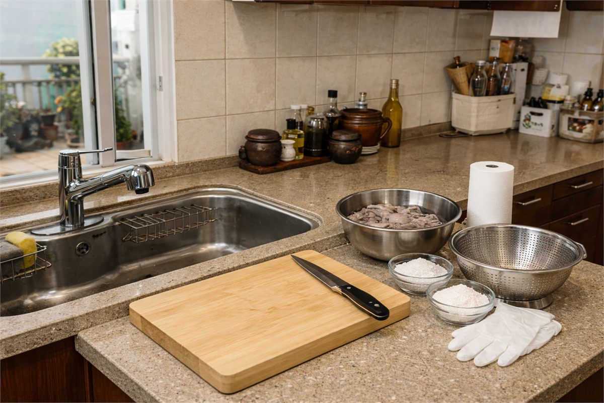 주꾸미 손질을 위해 싱크대와 조리 공간을 정리해 둔 한국형 주방