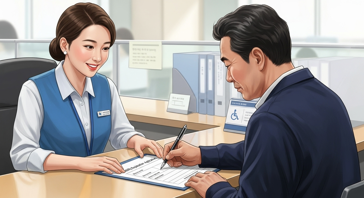 주민센터에서 담당 공무원의 도움을 받아 장애인 등록 신청 서류를 작성하고 있는 중년 남성 세미리얼 일러스트