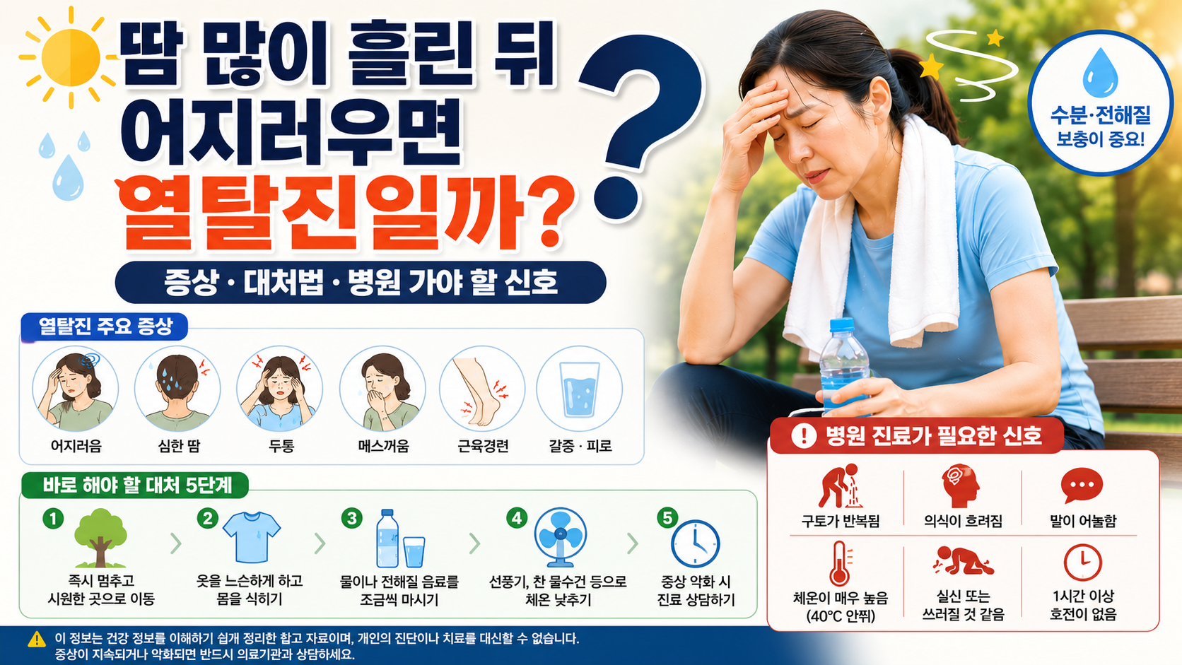 땀을 많이 흘린 뒤 어지러움이 생기면 열탈진 가능성을 확인해야 합니다.