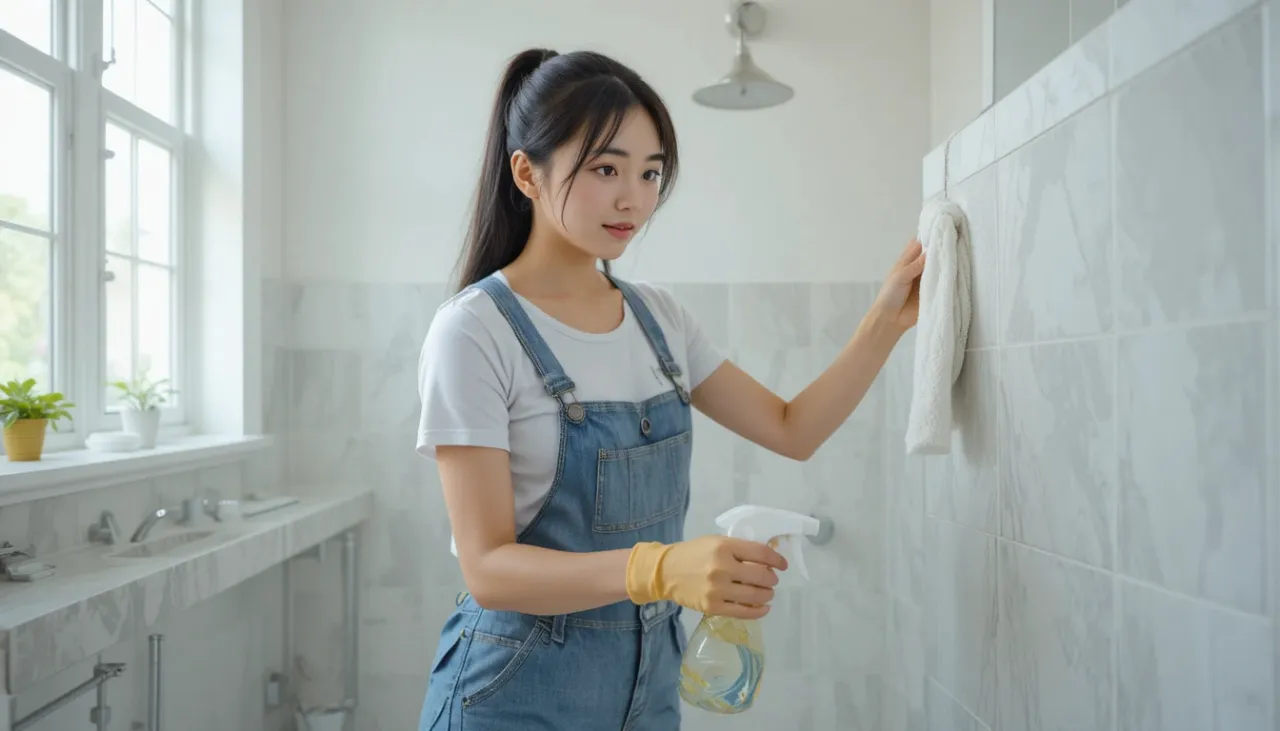 욕실 타일 줄눈 곰팡이 제거를 위해 천연 재료를 활용해 청소하는 모습