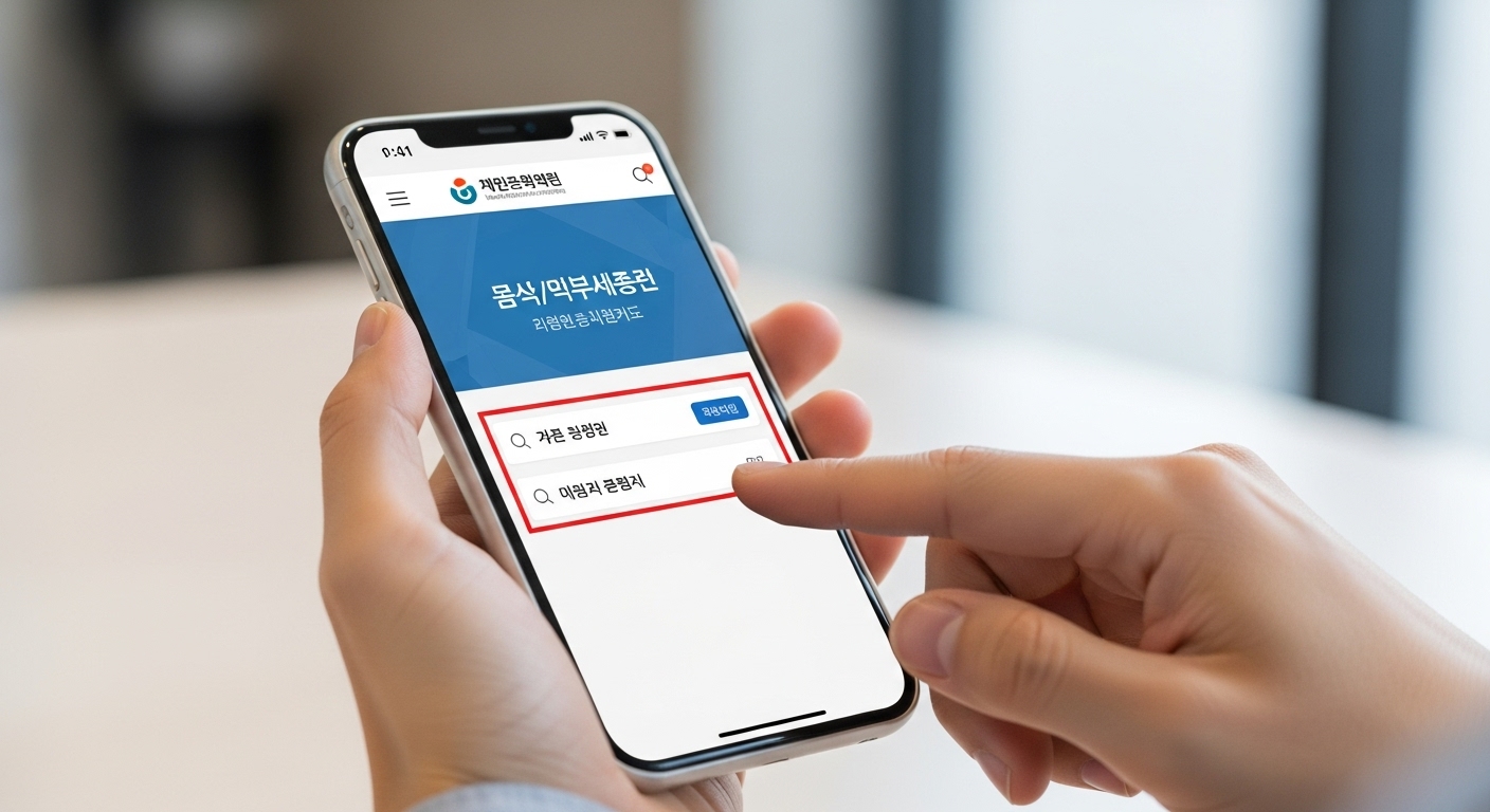 스마트폰으로 국민건강보험공단 건강검진기관 검색 서비스를 이용하는 모습, 당일 검진 필터 강조.