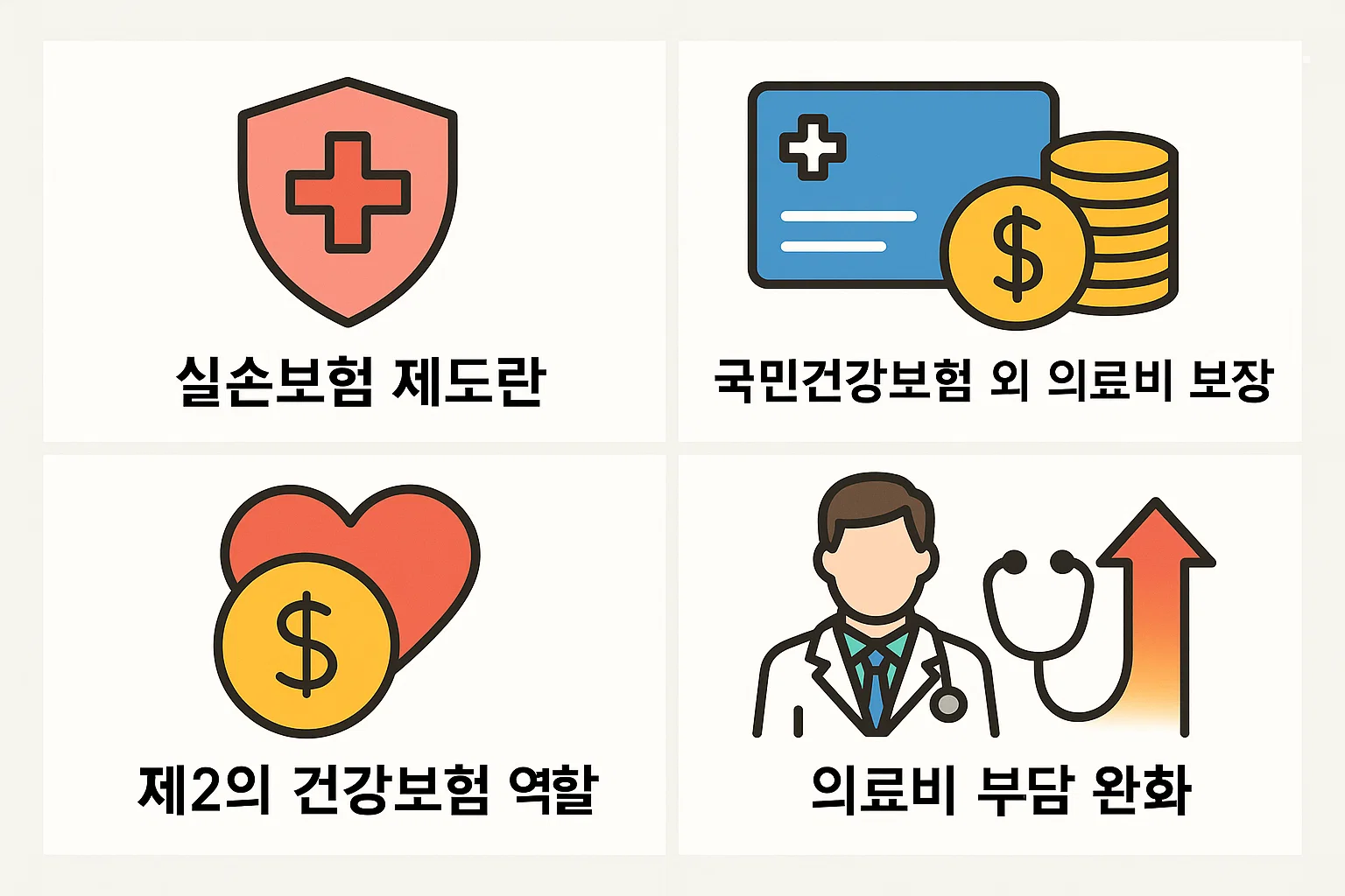 실손보험 제도의 개념, 국민건강보험 외 의료비 보장 범위, 제2의 건강보험 역할, 의료비 부담 완화 기능을 인포그래픽으로 설명한 이미지입니다.