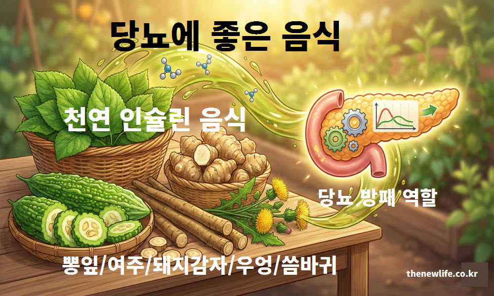 당뇨에 좋은 음식 천연 인슐린 역할을 하는 초록색 식물 잎사귀 그림