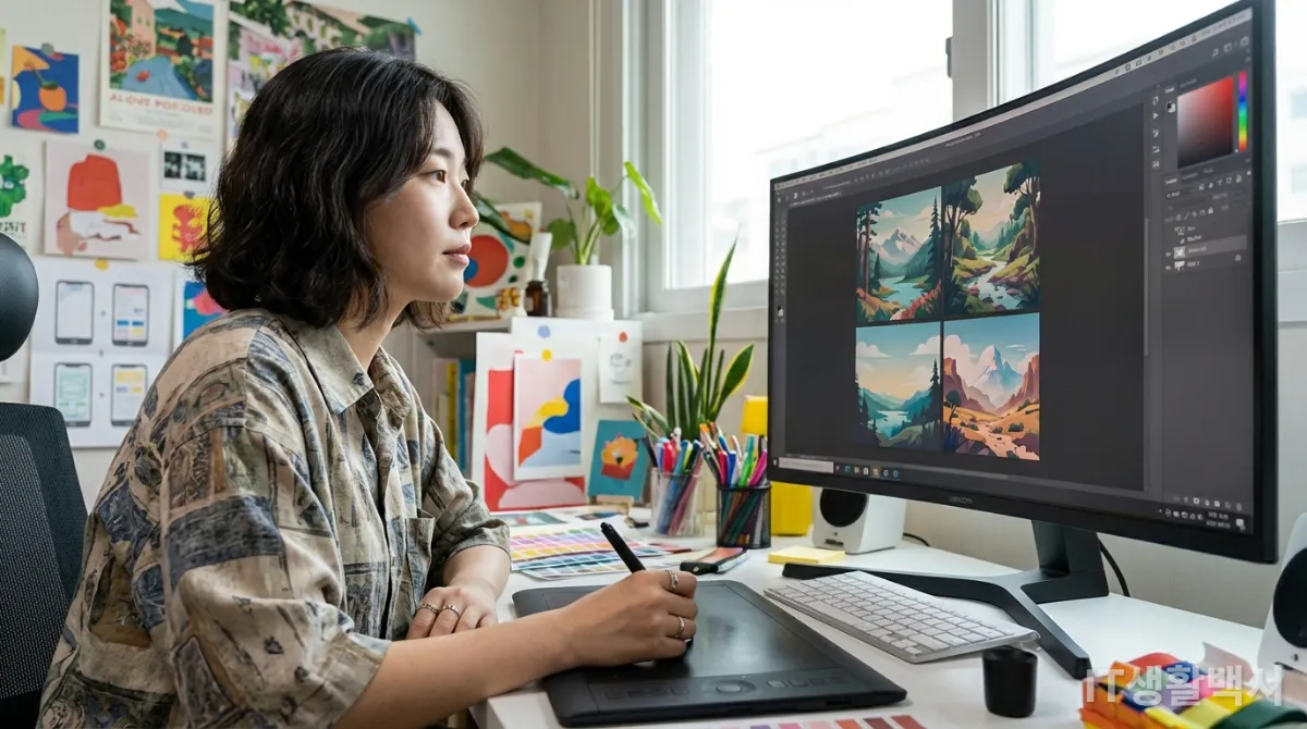 창의적인 스튜디오에서 AI 챗봇이 생성한 이미지 아이디어를 검토하는 한국인 그래픽 디자이너