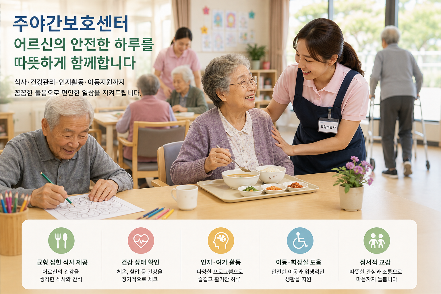 주야간보호센터에서 요양보호사가 어르신의 식사와 인지활동, 이동을 돕는 모습