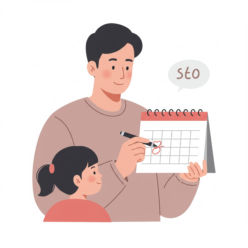 달력을 확인하며 자녀장려금 신청 마감일을 체크하는 아빠 옆에 아이가 달력을 보고 있다