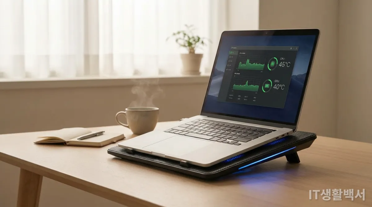 쿨링 패드 위에 놓여 발열이 관리되는 노트북