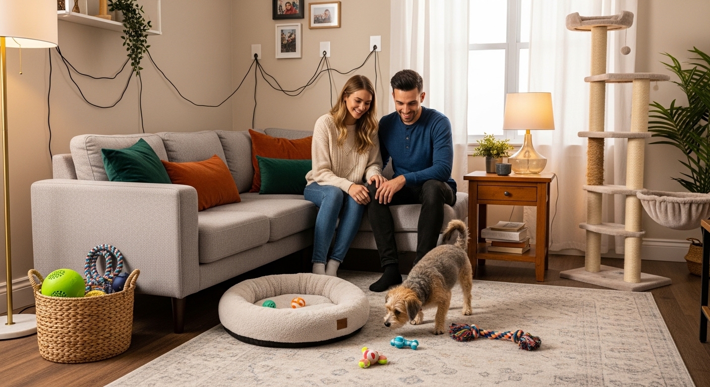 반려동물을 위해 안전하고 안락하게 꾸며진 집 안에서 커플이 강아지가 새 환경에 적응하는 모습을 흐뭇하게 바라보는 모습.