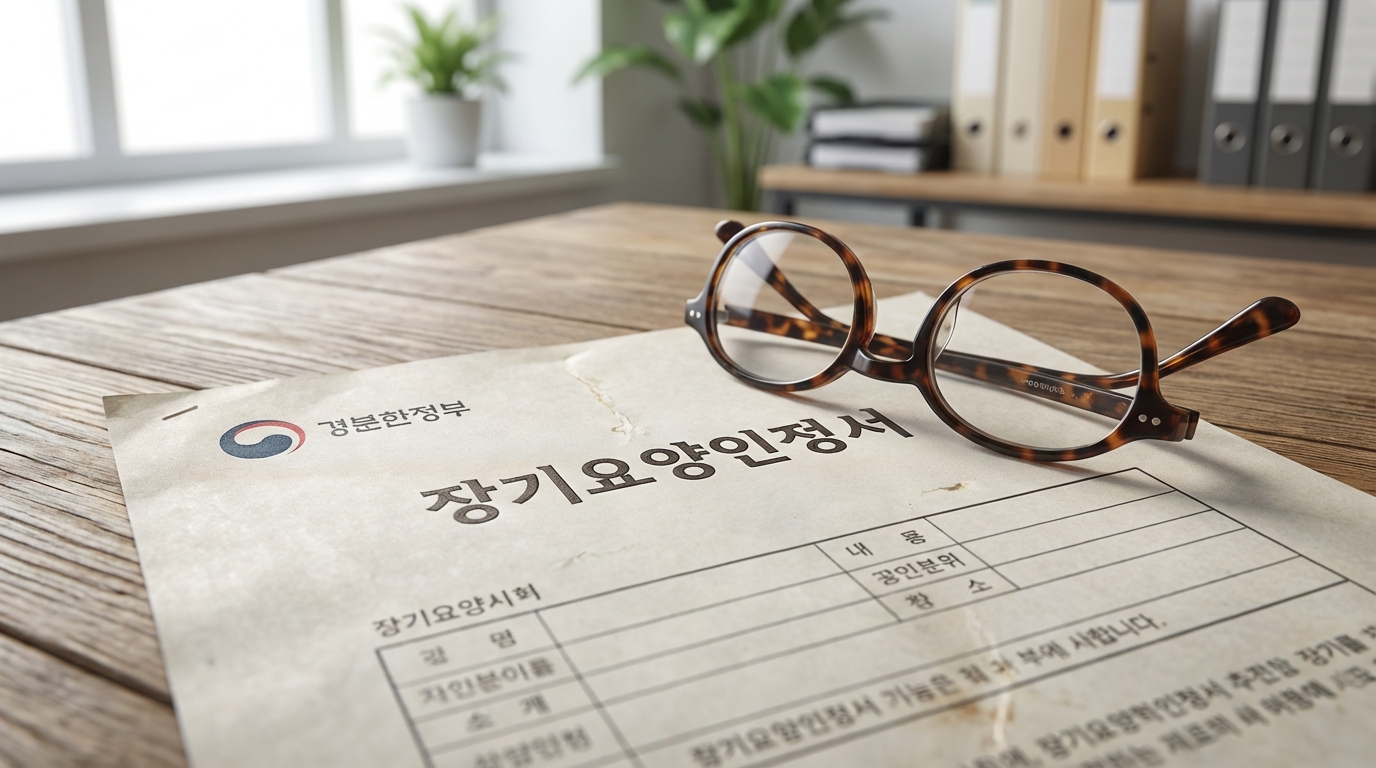나무 책상 위에 놓인 장기요양인정서와 돋보기 안경