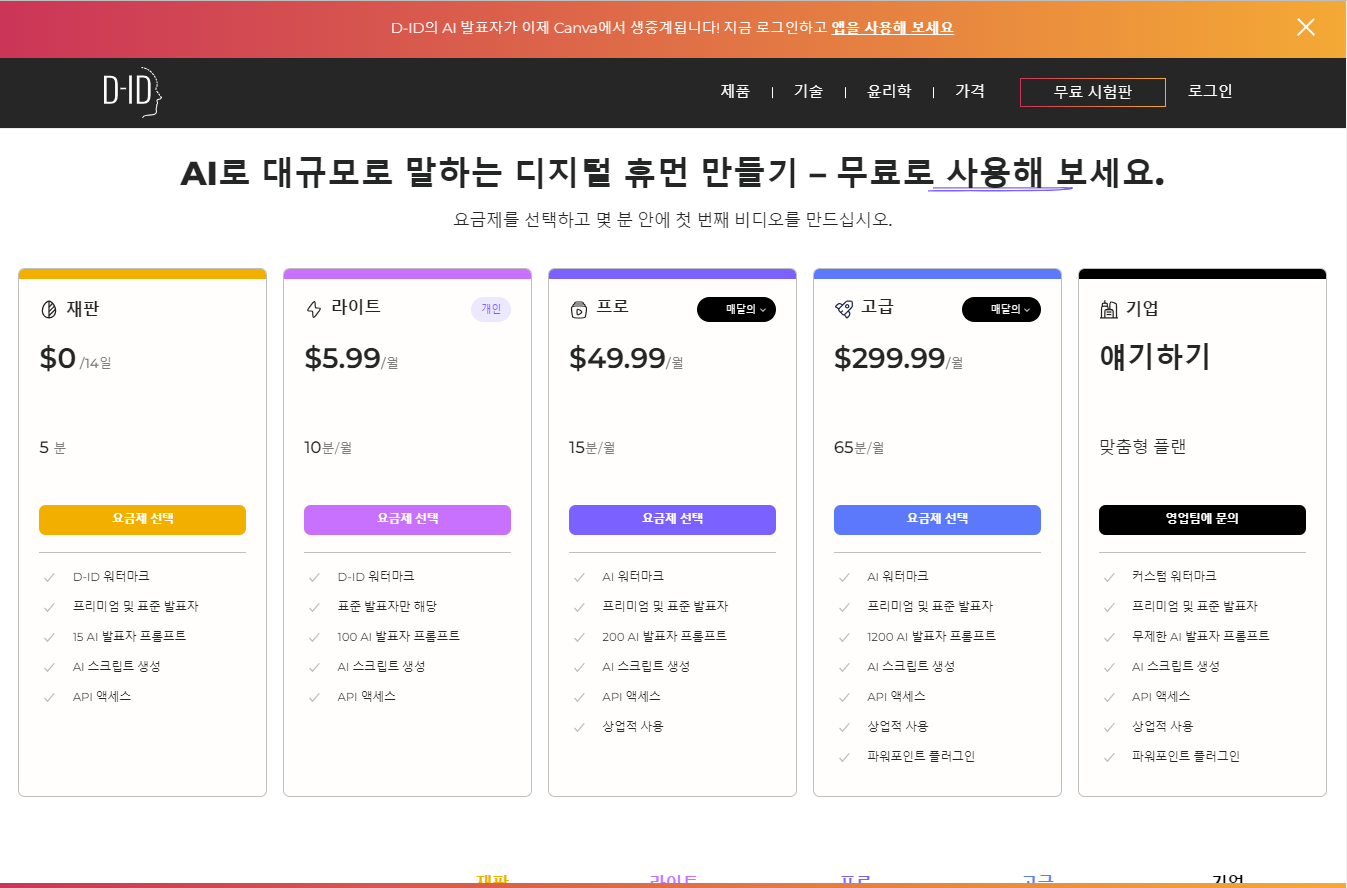 D-ID 유료 가격표