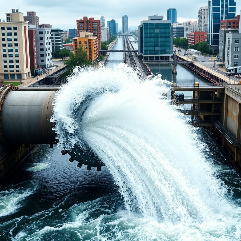 거대한 펌프나 지하 터널 같은 배수 시설의 내부 또는 외부 모습을 담습니다. 물이 강력하게 배수되는 역동적인 장면을 통해 도시의 방재 노력을 보여줍니다.