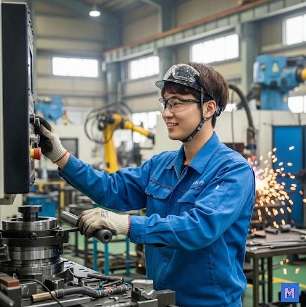 청년일자리도약장려금 유형2 지원대상인 제조업 현장에서 안전모와 작업복을 착용하고 기계를 조작하는 젊은 남성 근로자 via canva