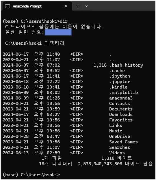 Anaconda prompt 명령어 dir 사용한 화면