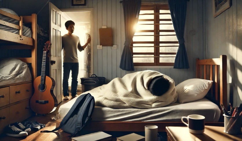 늦잠자는 아이를 바라보는 부모