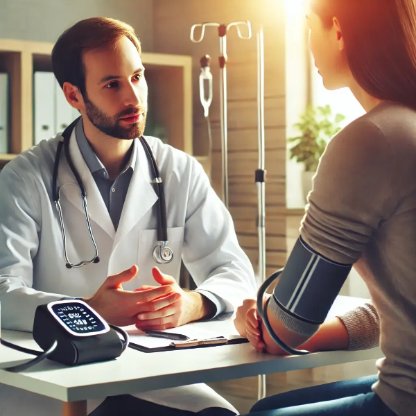 의사가 혈압약 부작용에 대해 환자에게 부드럽게 설명하는 상담 장면