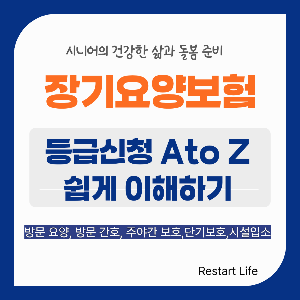 파란색 테두리가 있는 흰색 보드 판에 장기 요양 보험 등급 신청에 대한 안내 글 썸네일