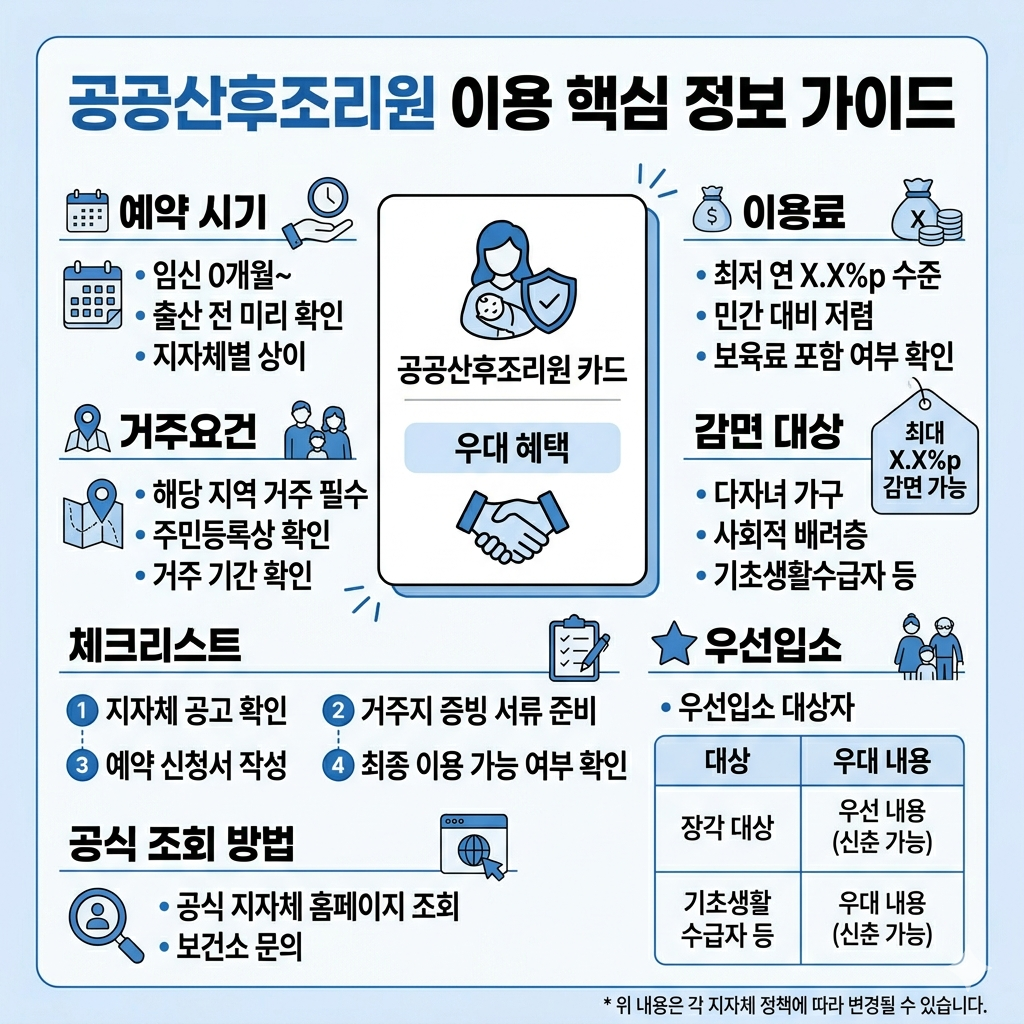 공공산후조리원 이용방법 총정리｜예약 시기&middot;이용료&middot;감면 기준&middot;지역별 확인법 인포그래픽