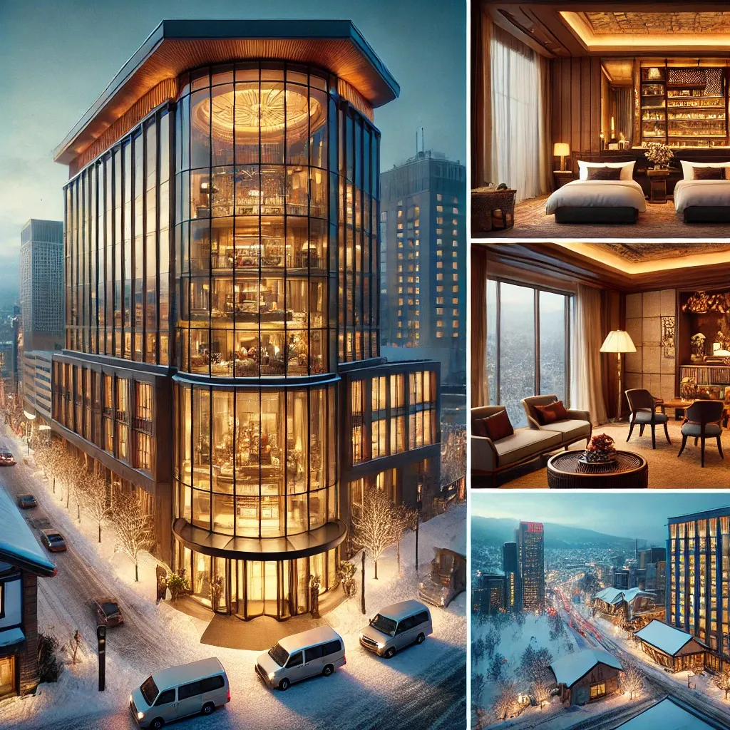 삿포로 호텔 내부 로비, 고급스러운 가구와 나무 장식, 벽난로가 있는 따뜻한 분위기.