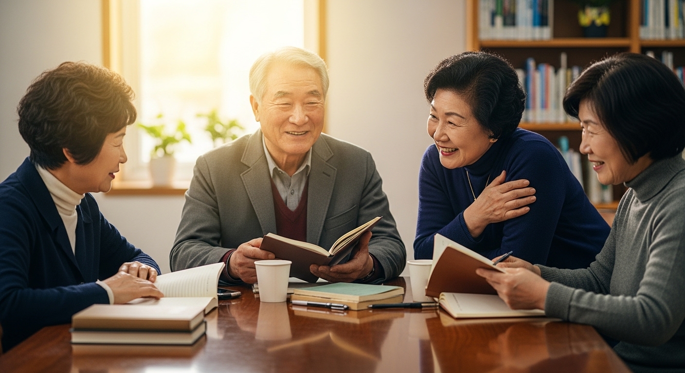 도서관 글모임에서 서로의 글을 읽으며 미소 짓는 시니어들의 모습