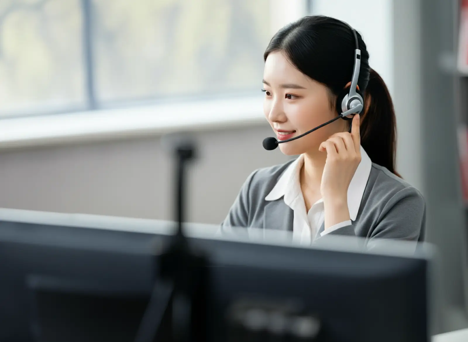 콜센터에서 전화를 받는 여성