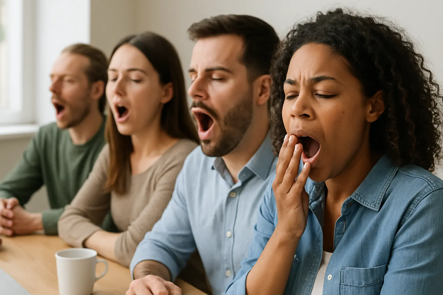 네-명이-나란히-앉아-첫-하품을-본-뒤-연쇄적으로-하품을-하는-전염성-강조된-장면