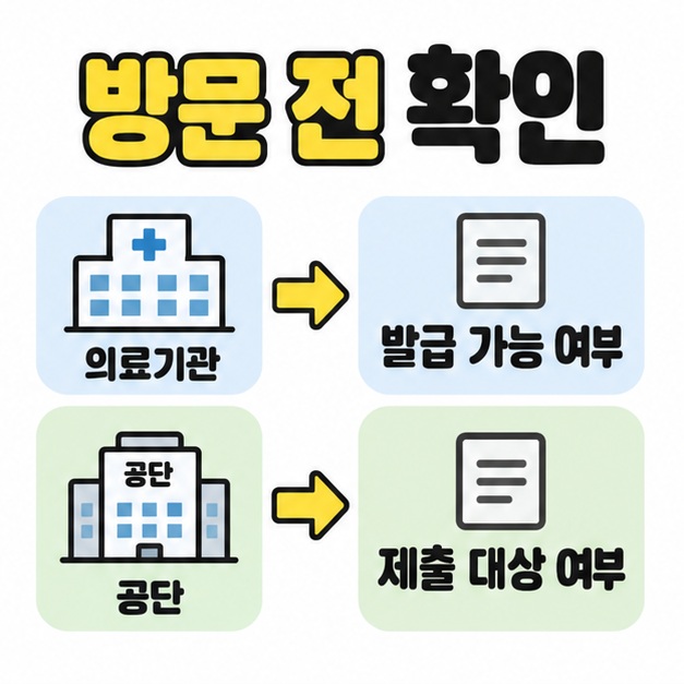 의료기관에는 발급 가능 여부를, 공단에는 제출 대상 여부를 확인하도록 문의처와 확인 항목을 두 줄의 화살표로 연결한 이미지