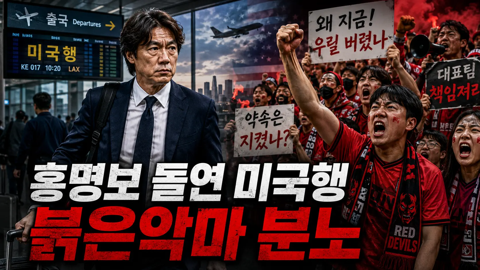 홍명보 돌연 미국행에 황당한 붉은악마 분노하는 이미지