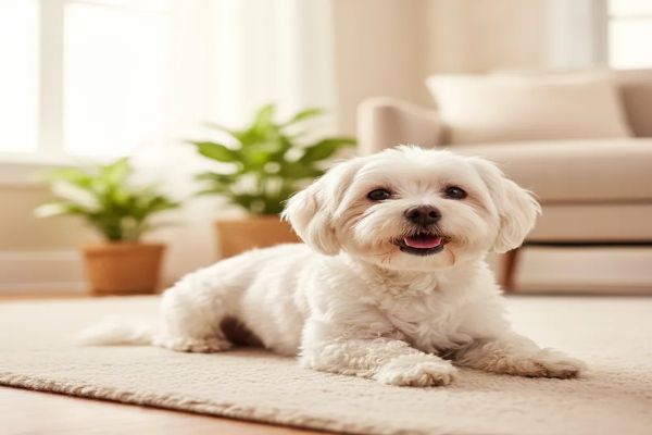 피부 문제가 해결되어 환하게 웃는 듯한 행복한 표정의 하얀 말티즈. 윤기나는 건강한 털과 편안한 자세로 독자에게 희망과 긍정적인 메시지를 전달합니다.